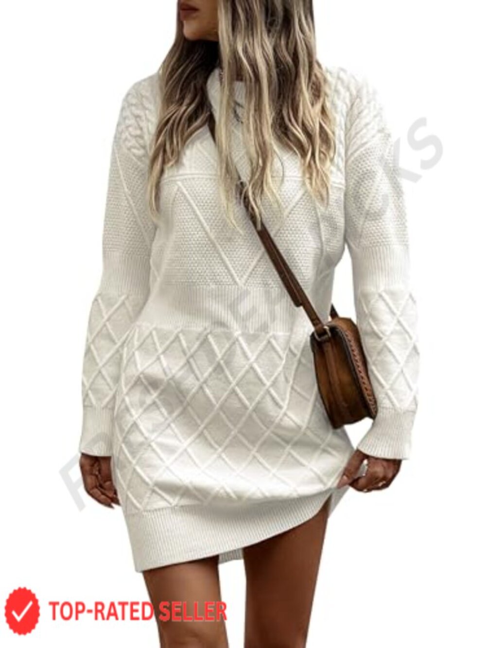 Sweater Dress Women Long Sleeve Crewneck Slim Fit Diamond Knit Casual Mini